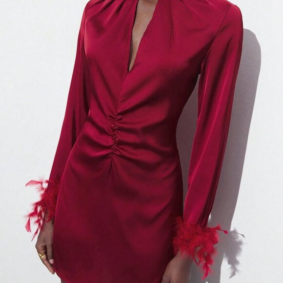 Burgundy Elegant Women's Hollow Feather Cuff Ruched Dress - Picture 4 of 6